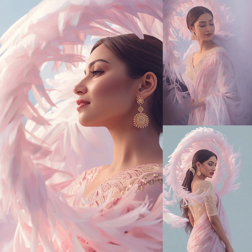 Feather Spirals Forming a Dreamy Aura Around Pastel Saree | chatgpt prompt for photo editing trending