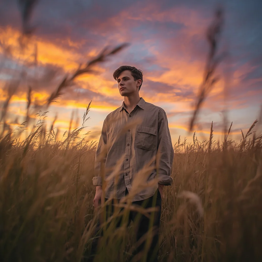 Field of Dreams: A Man in a Linen Shirt Amidst Tall Grass at Sunset | man pose ai prompt
