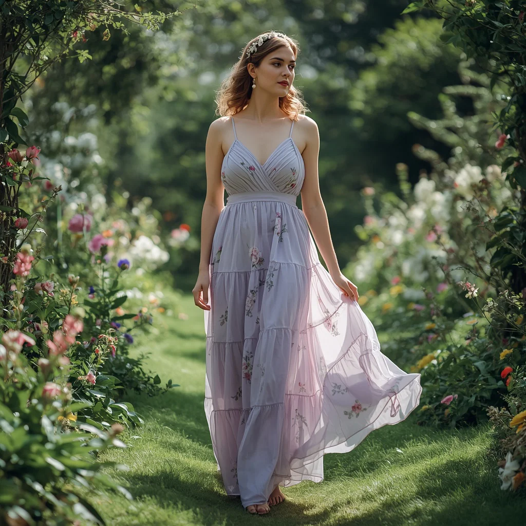 Flowy Chiffon Maxi Dress for an Enchanting Garden Party | Prompt for Gemini AI girl