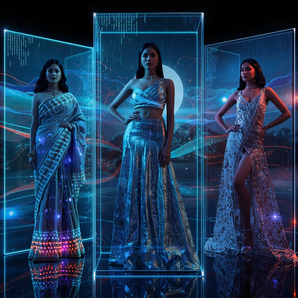 Futuristic Data Stream Hologram Collage: Indian Woman in Digital Fabrics | Captivating Futuristic Data