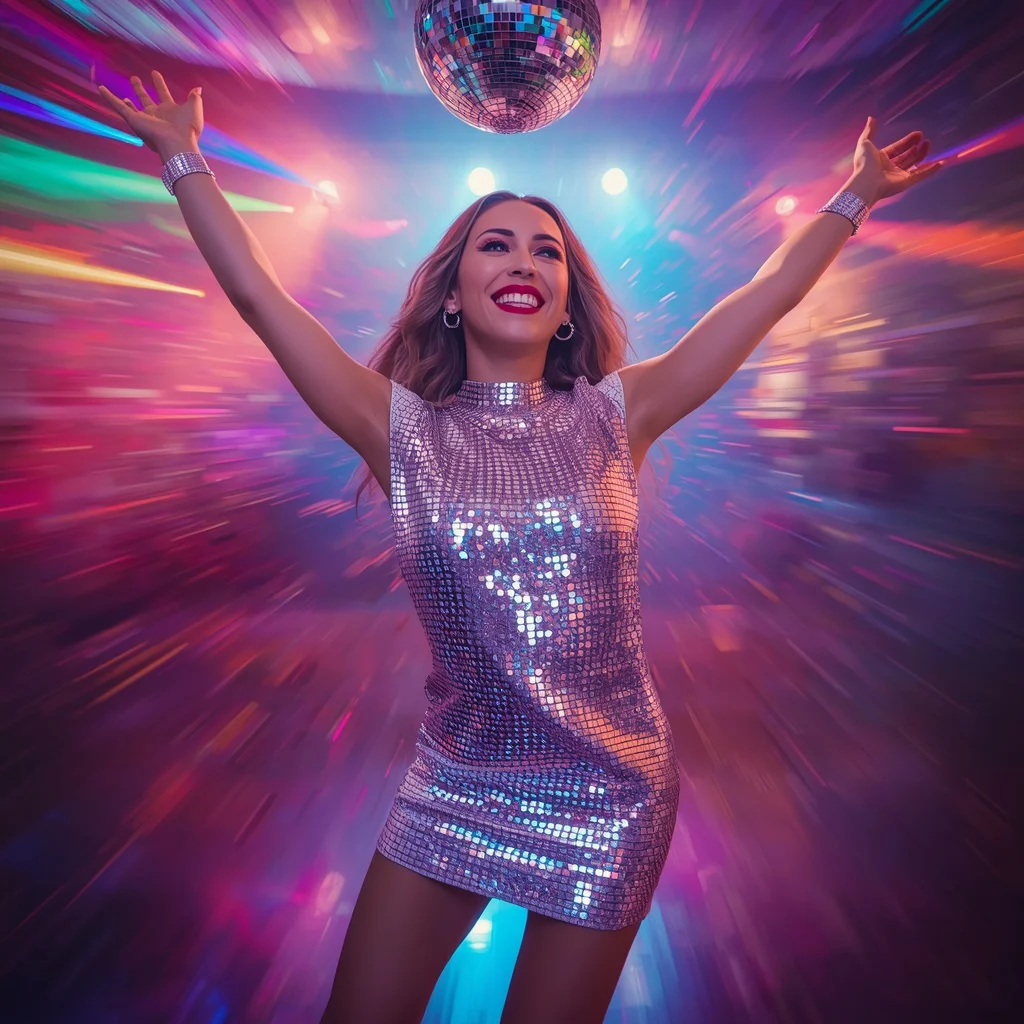 Glam Theme Outfit Female: Sparkling Disco Ball Mini Dress | pre wedding ai prompt