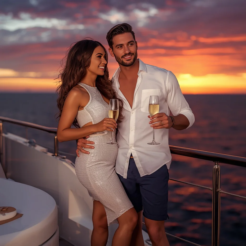 Glamorous Pair Attending an Exclusive Yacht Party at Sunset | Trending couple prompt