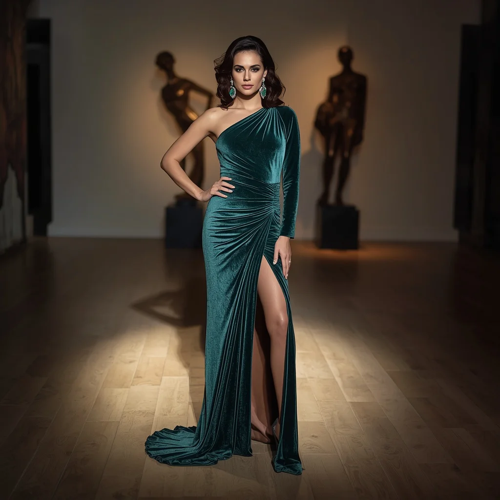Glamorous Teal Velvet Gown with Thigh Slit for a Sophisticated Event | image prompt