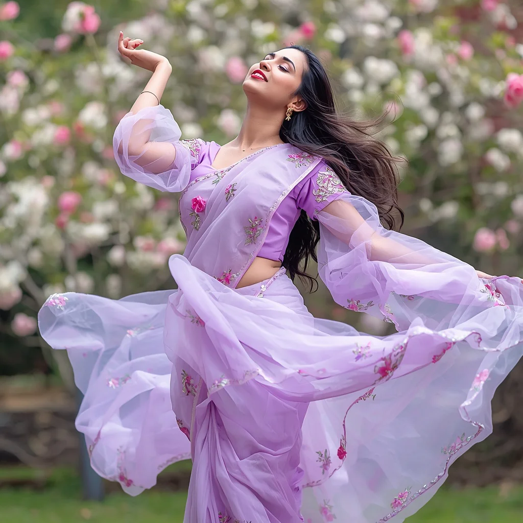 Graceful Twirl with a Pastel Lilac Organza Saree | ai image prompt generator free