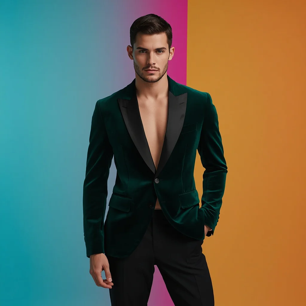 Handsome Male Model In Velvet Emerald Velvet Blazer | Powerful Editorial Fashion