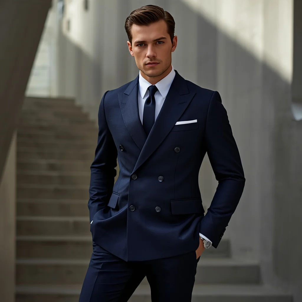 Handsome Man In A Modern Navy Double Breasted Suit | ai portrait prompt