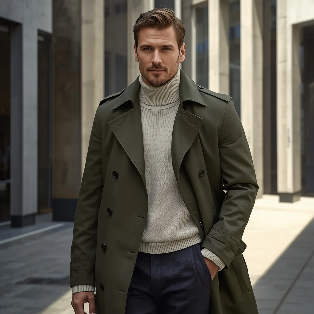 Handsome Man In A Modern Olive Green Trench Coat | Boys prompt stylish