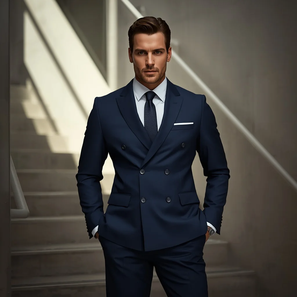 Handsome Man In A Tailored Navy Double Breasted Suit | ChatGPT photo editing prompts for boy
