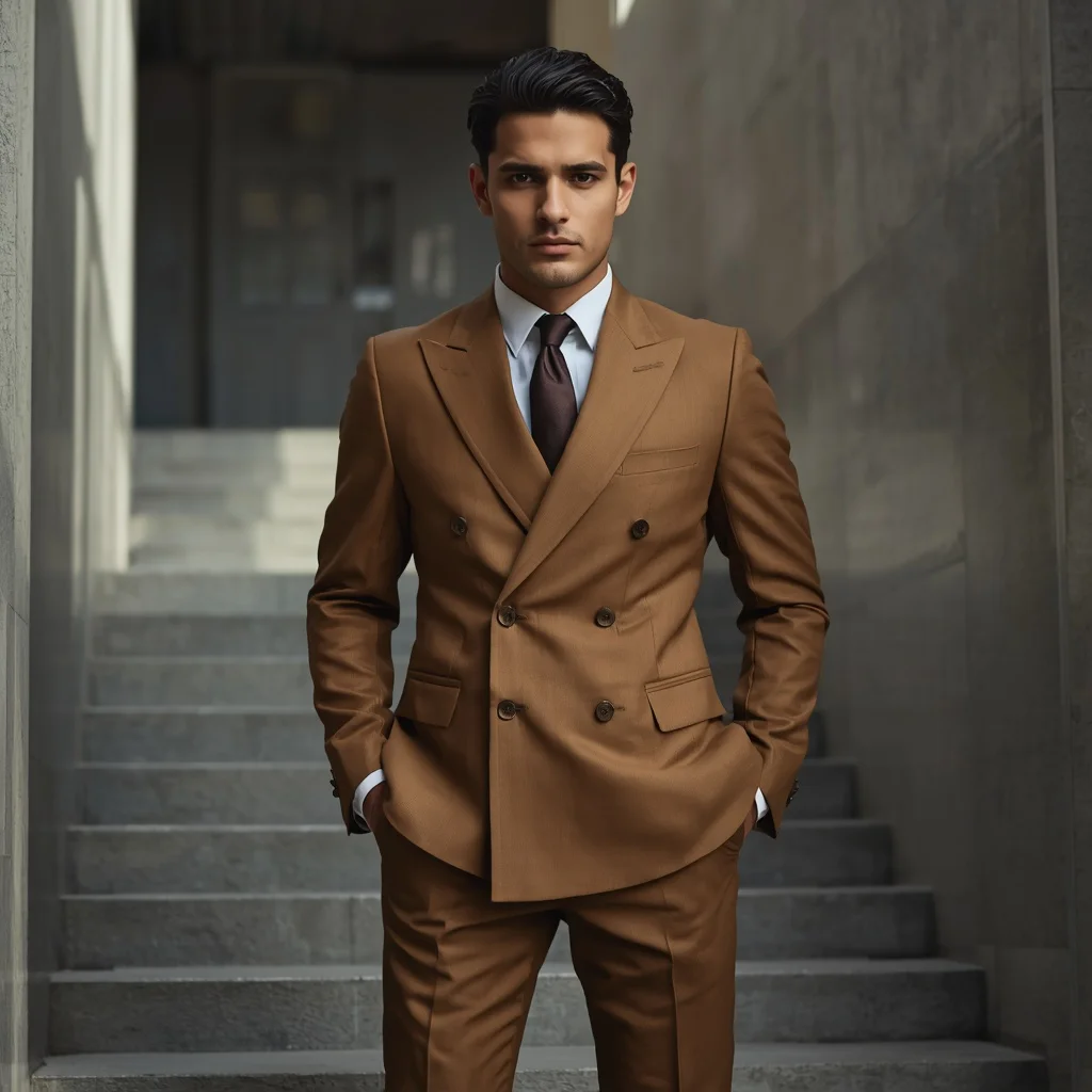 Handsome Man In A Tailored Tan Double Breasted Suit | flux ai prompt