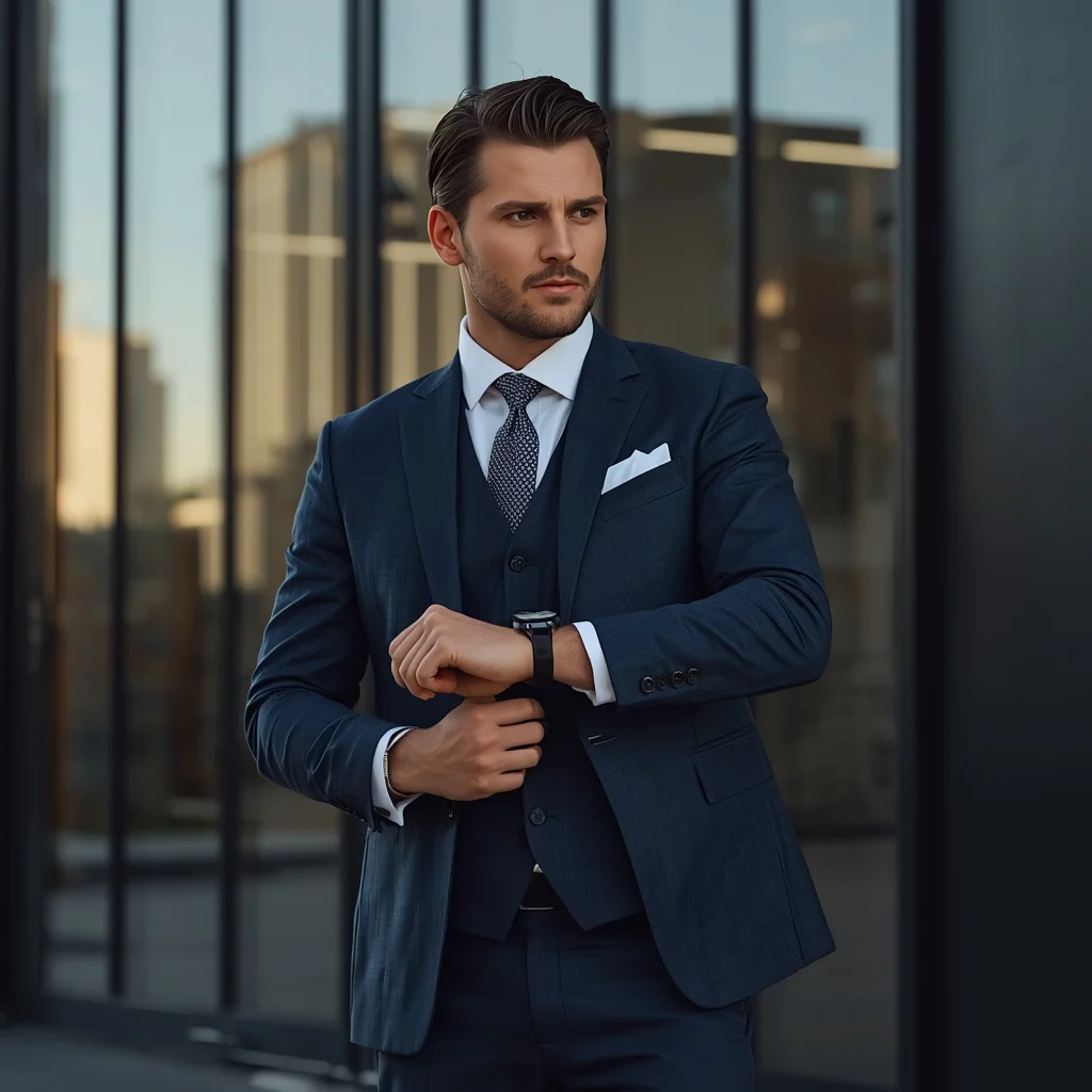 Handsome Man In Classic Navy Blue Three Piece Suit | ideogram ai prompt