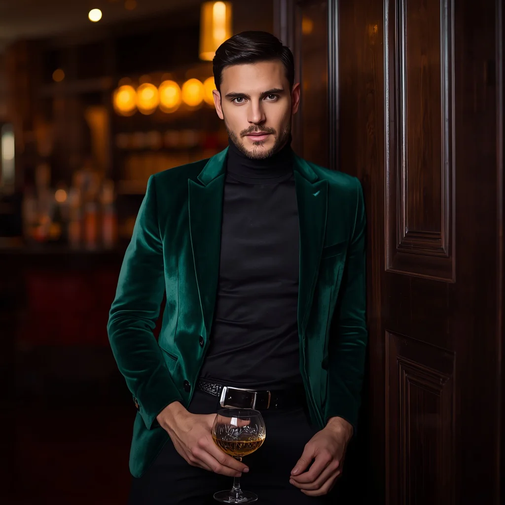 Handsome Man In Emerald Green Velvet Blazer Party Wear | Gemini for men prompt free