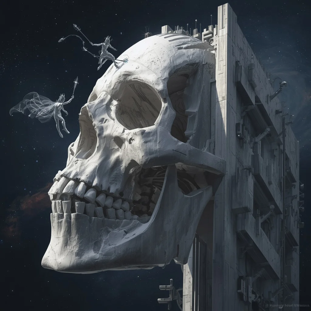High Elven Architects Building A Brutalist Concrete City On A Cosmic Titan’s Skeleton (13 words) | Visualize Impossibly Grand
