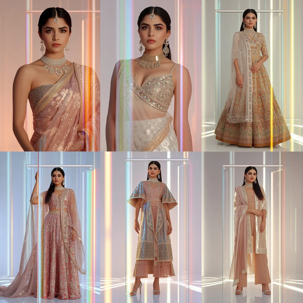 High-End Luxury Prism-Inspired Light Panel Collage of Indian Fashion | prompt for saree look for girl instagram