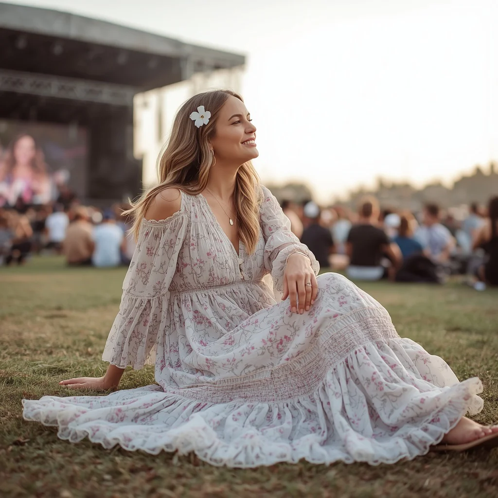 Hollywood Dress: Bohemian Floral Tiered Maxi for Festival | midjourney prompt list