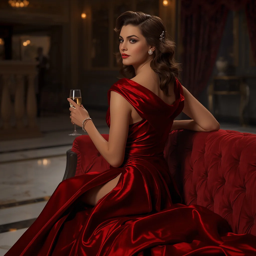 Hollywood Glamour: Red Satin Gown in a Vintage Grand Ballroom | leonardo ai image prompt