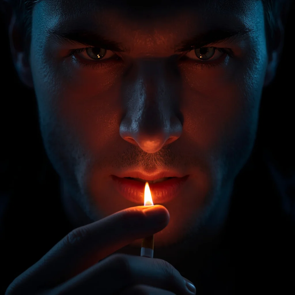Inner Fire: Ultra-Close Cinematic Portrait of a Man with a Lit Cigarette | Simple photo prompt for men
