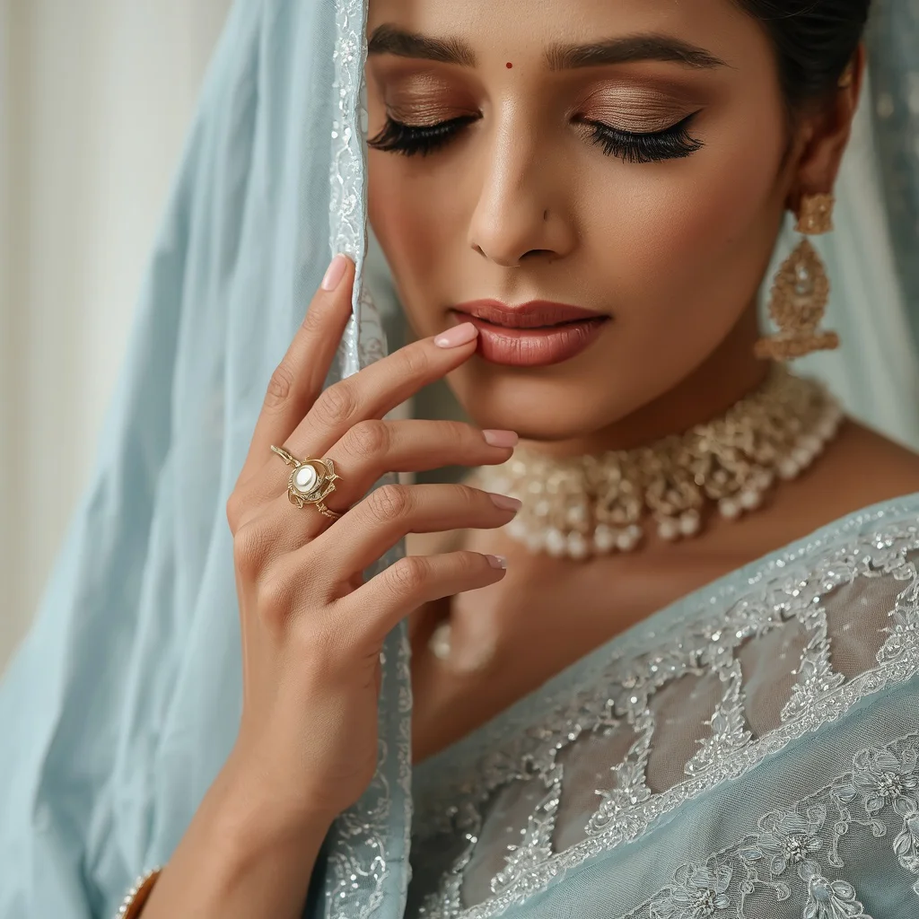 Intricate Details of a Pastel Blue Embroidered Net Saree | prompt for ai image generator for social media