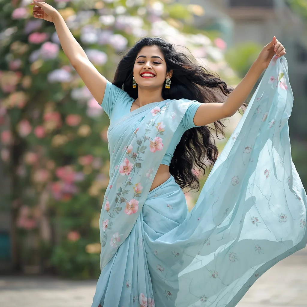 Joyful Dance in a Light Blue Floral Print Saree | Trending saree prompt