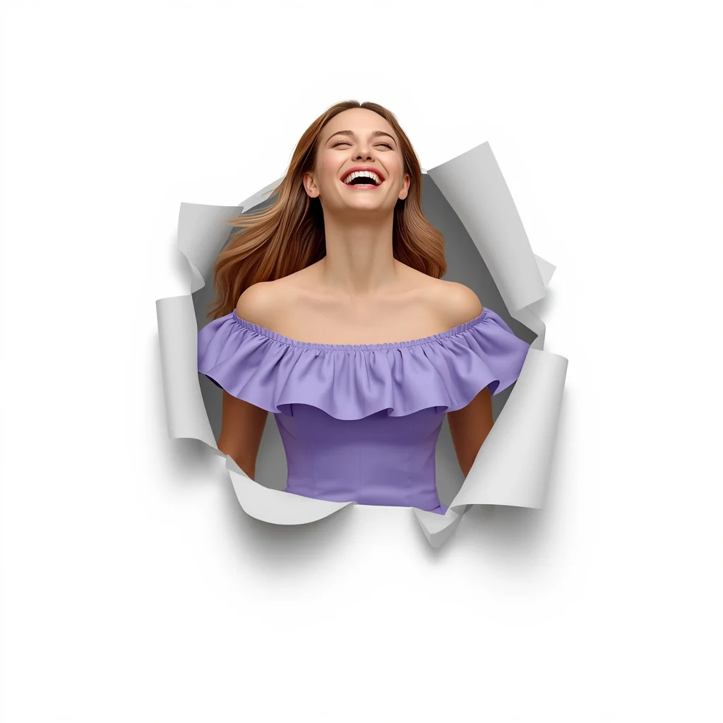 Joyful Woman in a Periwinkle Ruffle Mini Dress Laughing with Radiant Happiness | Ultra-clean High-resolution Sharp