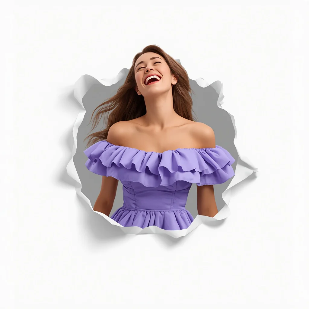 Joyful Woman in a Periwinkle Ruffle Mini Dress Laughing with Radiant Happiness | Ultra-clean High-resolution Sharp