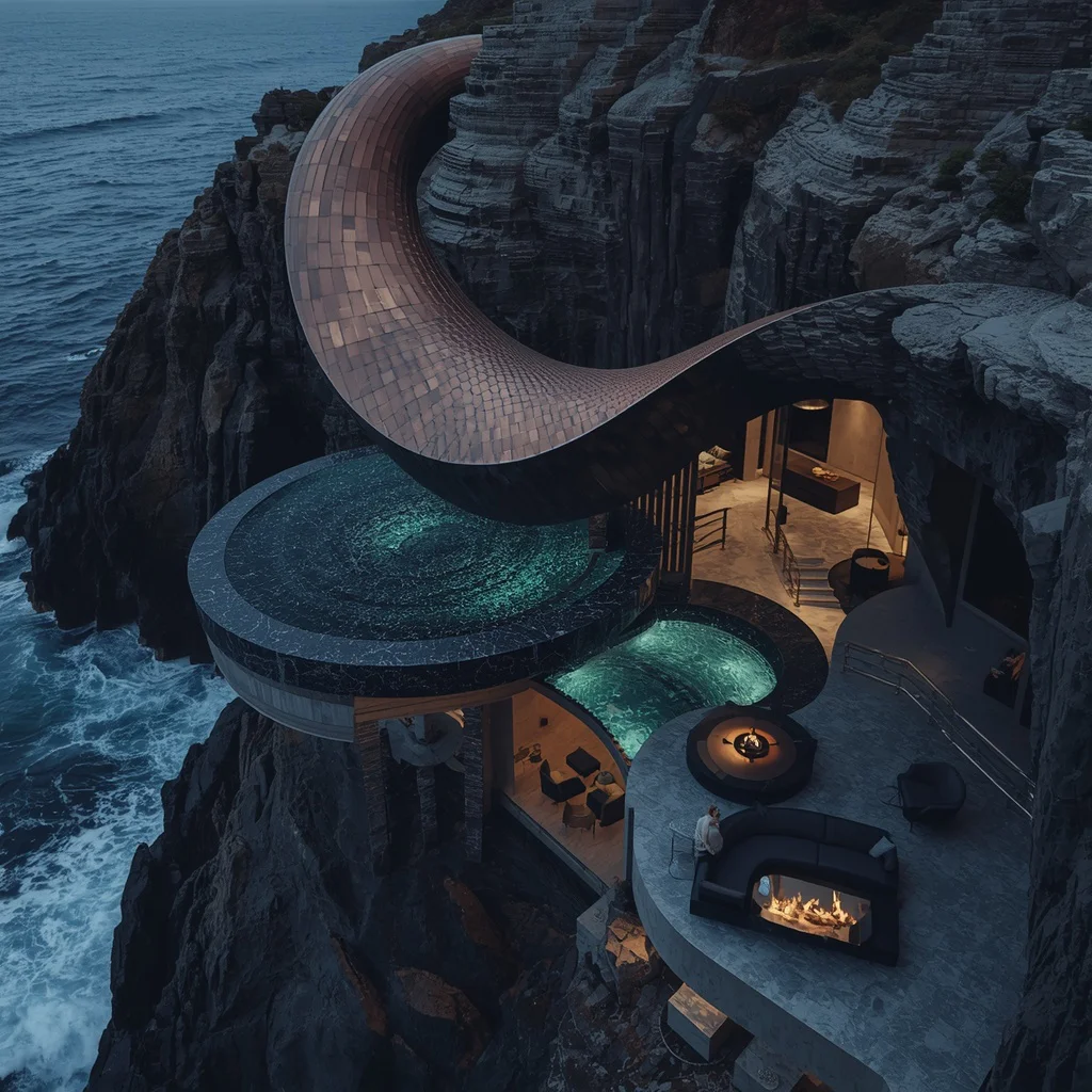 Kinetic Sinuous Metallic and Biomorphic Concrete Cliff Palace | High-resolution Cinematic Capturing