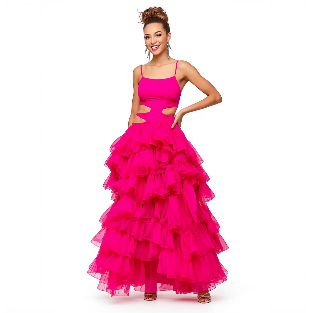 Latest Fashion: A Voluminous Ruffle Maxi Dress with Cut-Outs | cute ai prompt