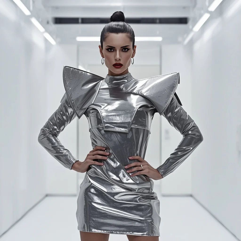 Latest Fashion: Sculptural Metallic Mini Dress | realistic ai prompt