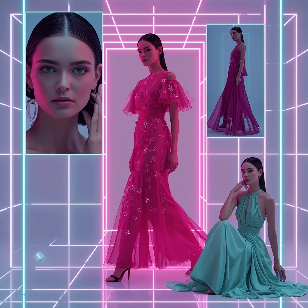 Latest Western Dresses In Fashion Exhibited In Neon Grid | Modern Avant-garde Collage