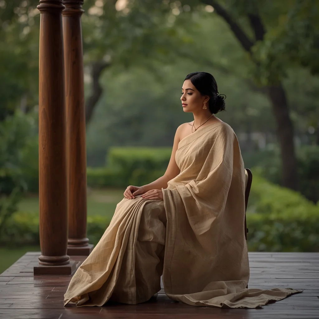 Minimalist Handloom Cotton Saree on a Serene Veranda | prompt seen girl dress