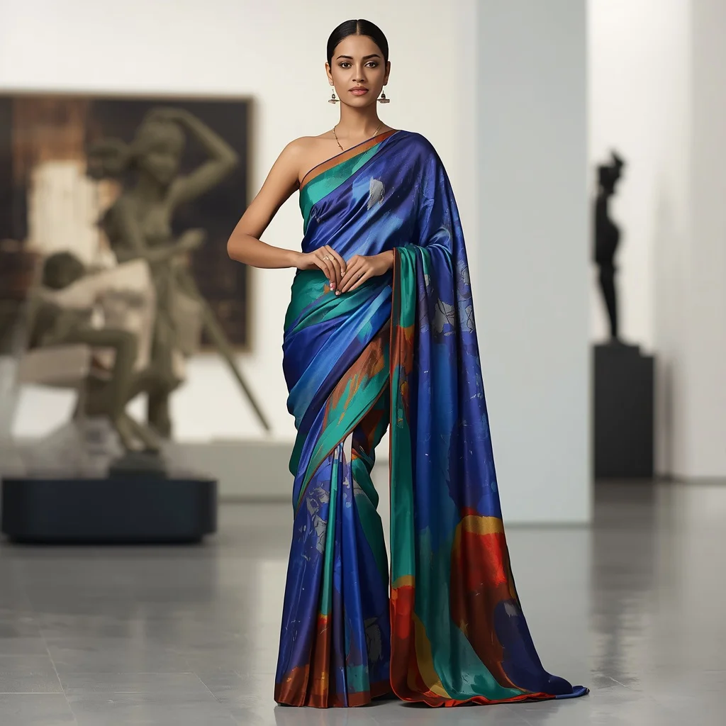 Modern Abstract Print Saree in a Contemporary Art Gallery | best saree prompt for chatgpt