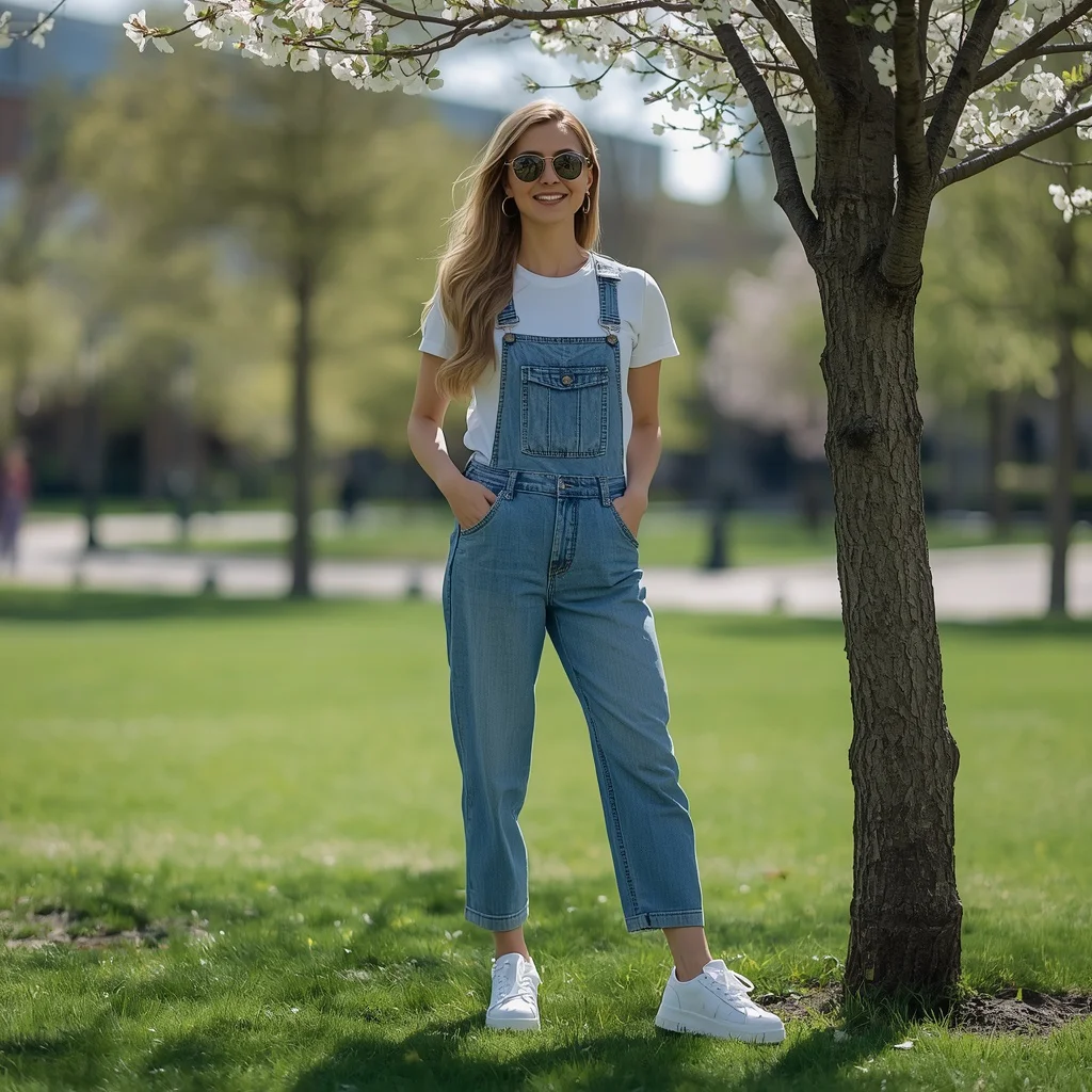Modern Casual Blue Denim Jumpsuit in a Sunny City Park | text to image prompt