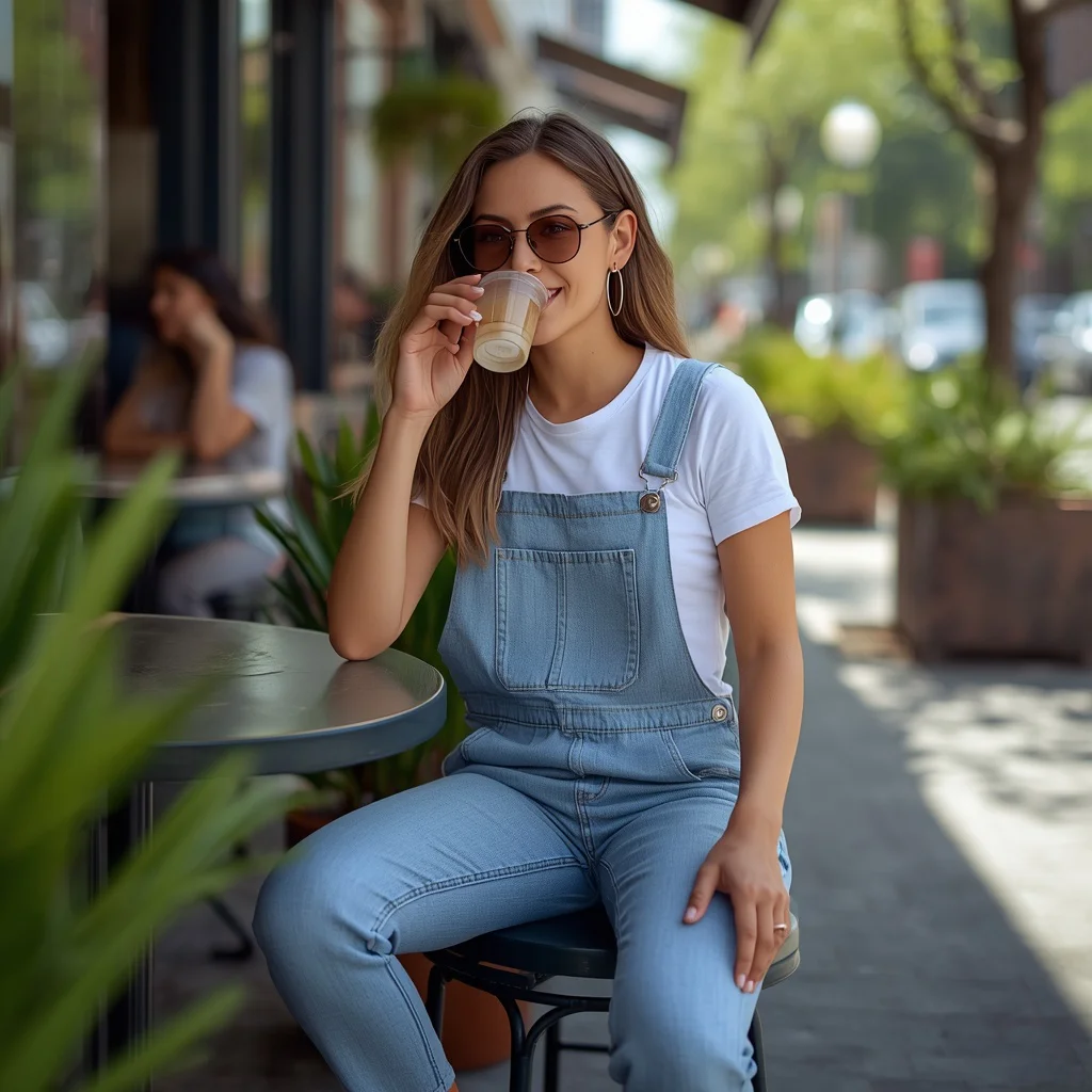 Modern Casual Blue Denim Overalls in an Urban Coffee Shop | ai prompt generator free