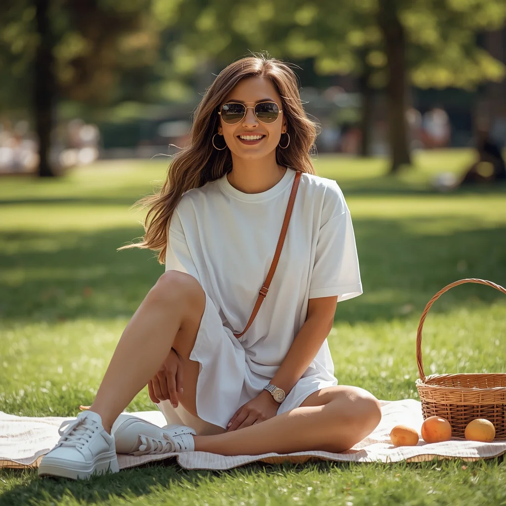 Modern Casual White T-shirt Dress in a City Park Picnic | Prompt seen Gemini girl Instagram