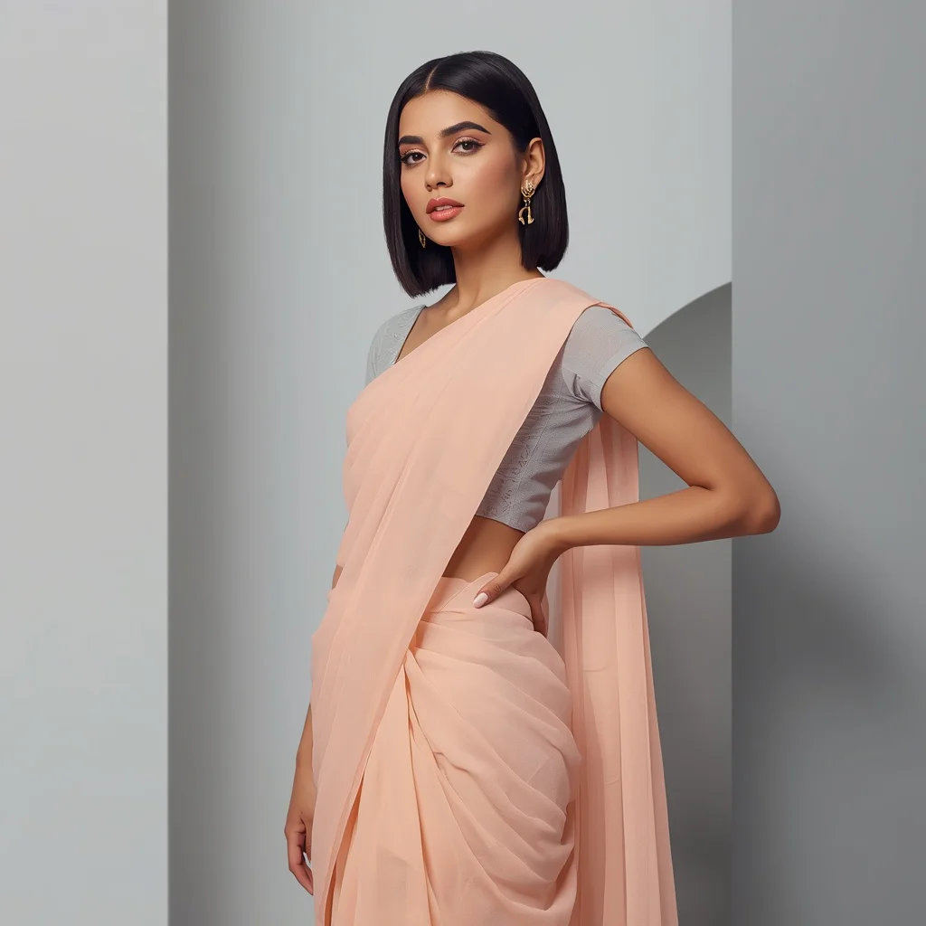 Modern Edge with a Cropped Blouse and Pastel Saree | chat gpt prompt link
