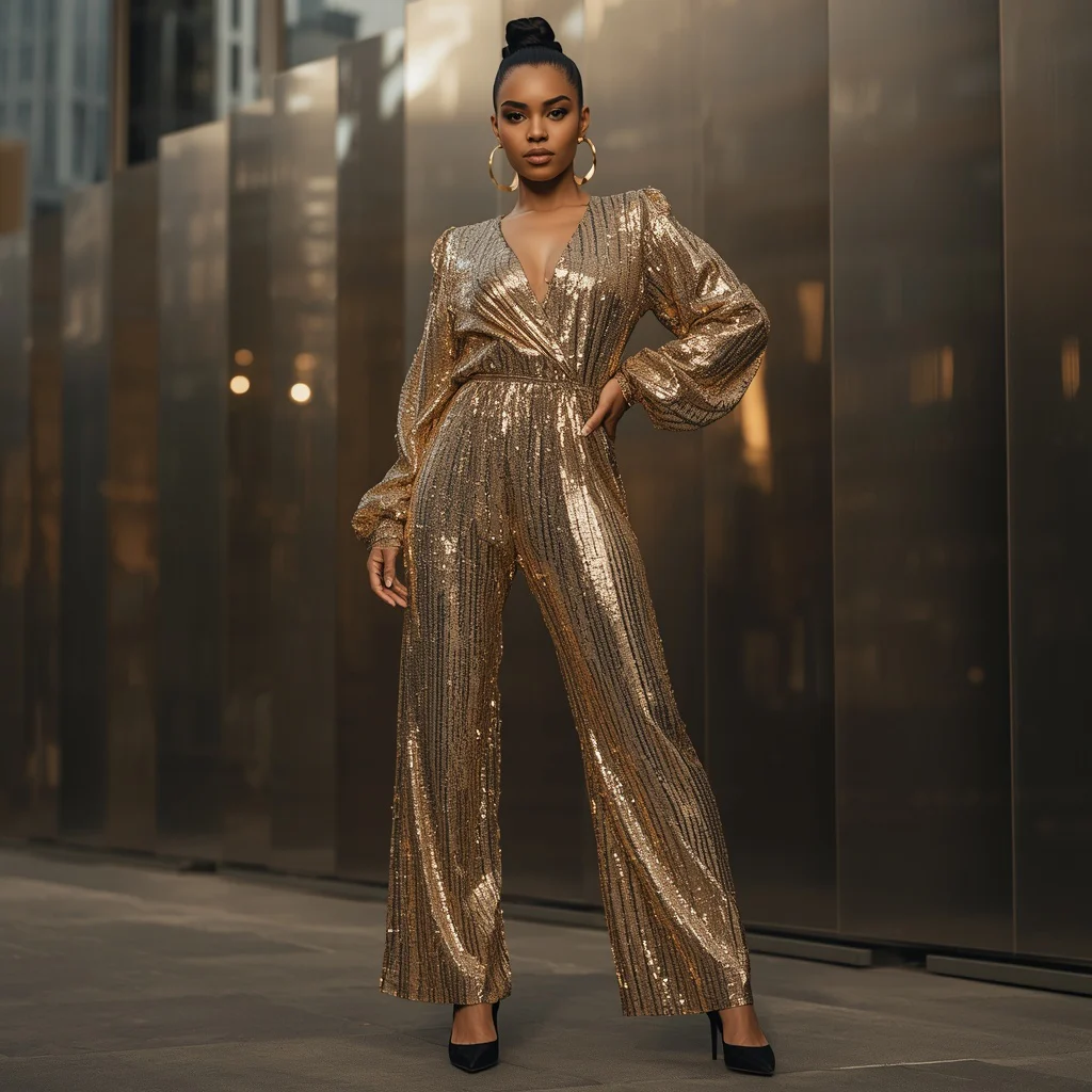 Modern Glam Gold Sequin Jumpsuit for an Elegant Party | gemini photo editing prompt