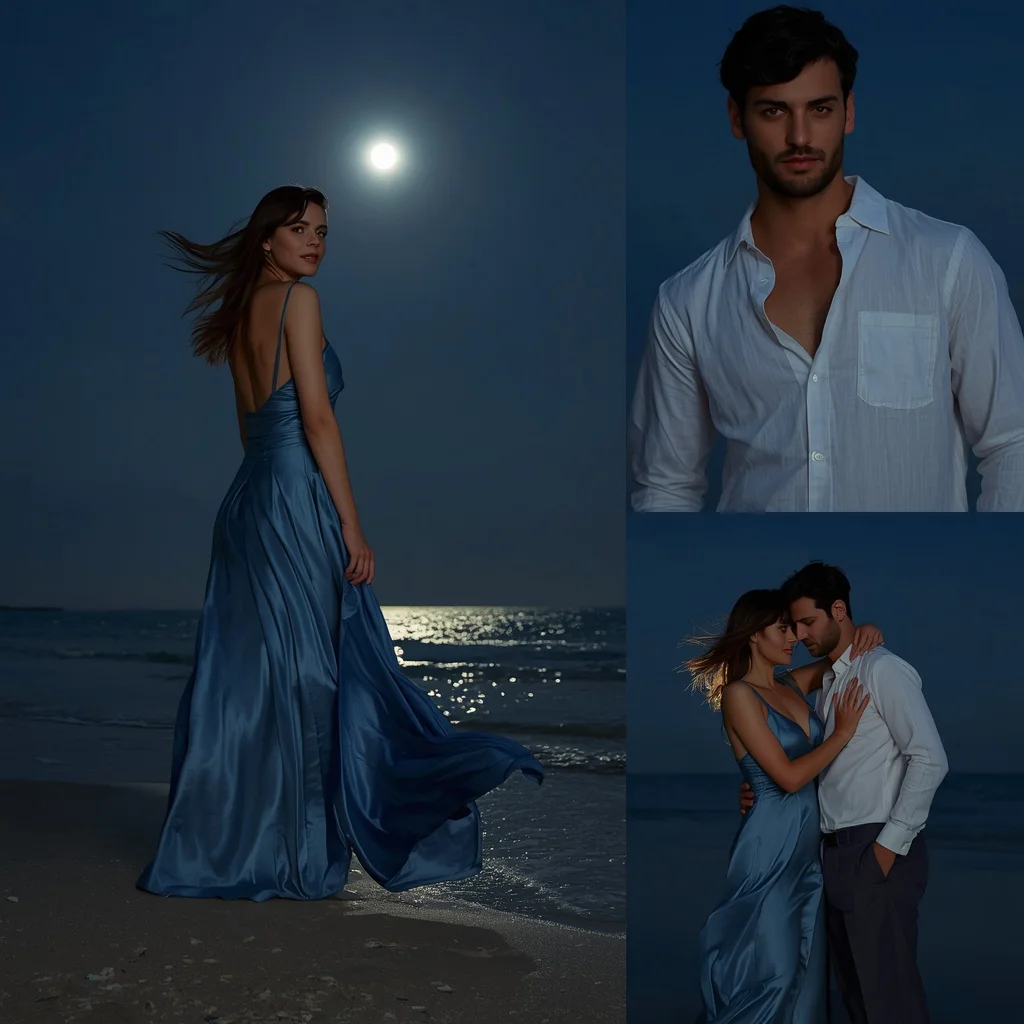 Moonlit Beach under Full Moon with Satin | Cinematic Collage Couple