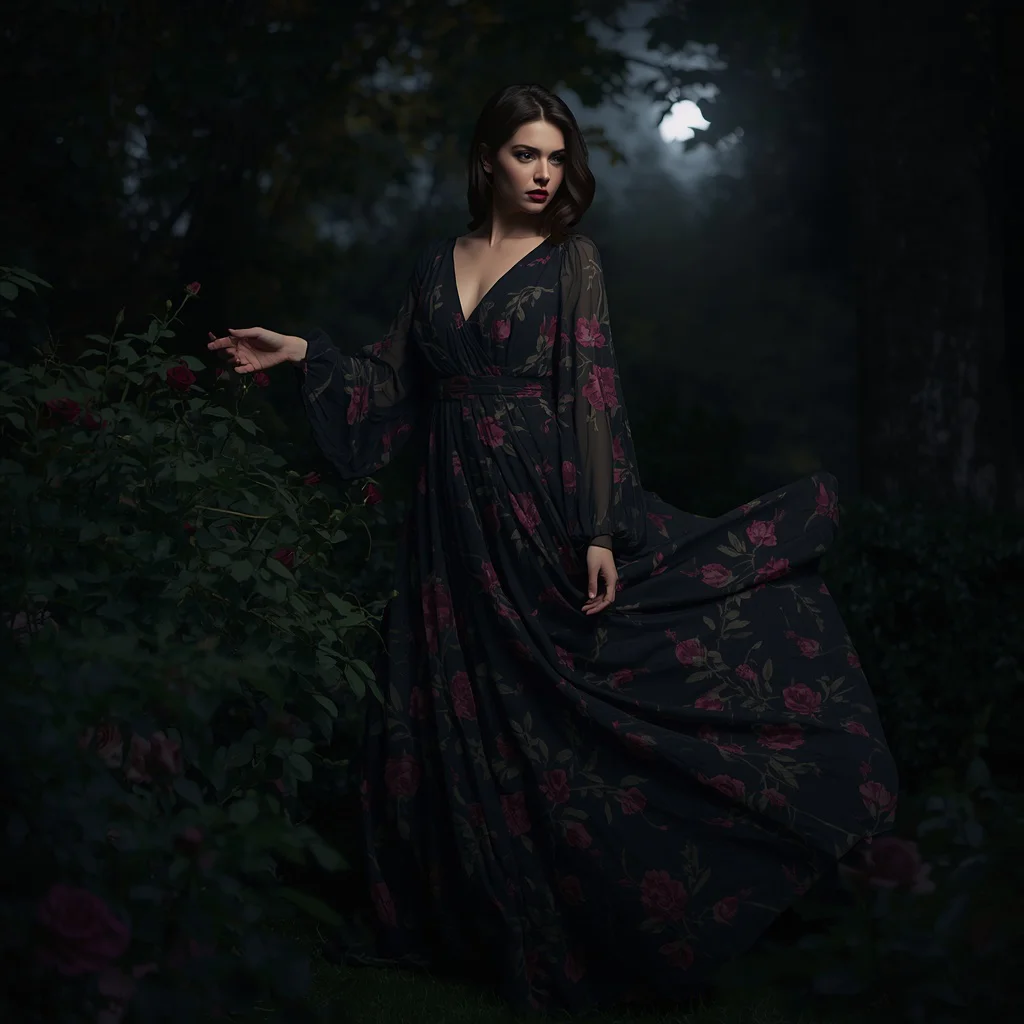 Mysterious Enchantress: Dark Floral Gown in a Secret Garden | leonardo ai image prompt