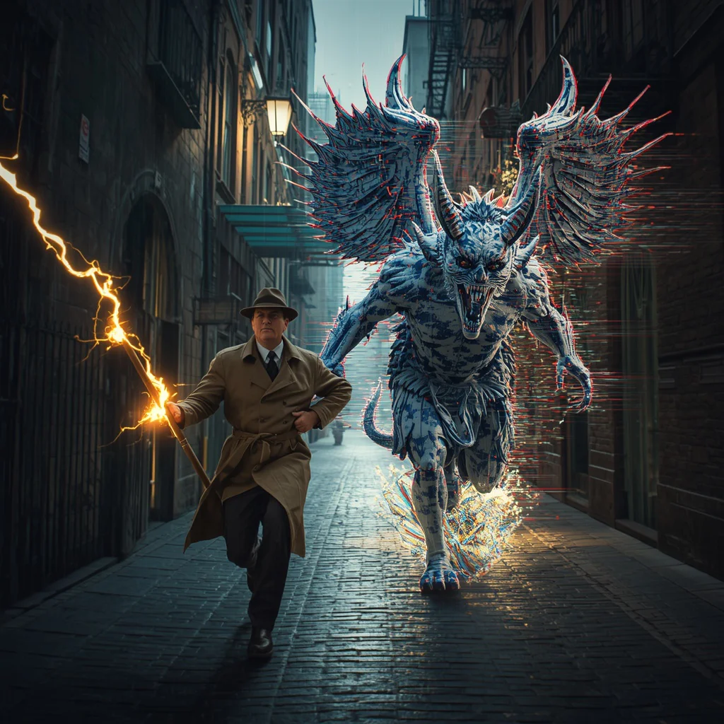 Noir Detectives Wielding Magical Staves Hunting Glitch-Demons through a Porcelain Cyber-City (13 words) | Impossible Visual Collision