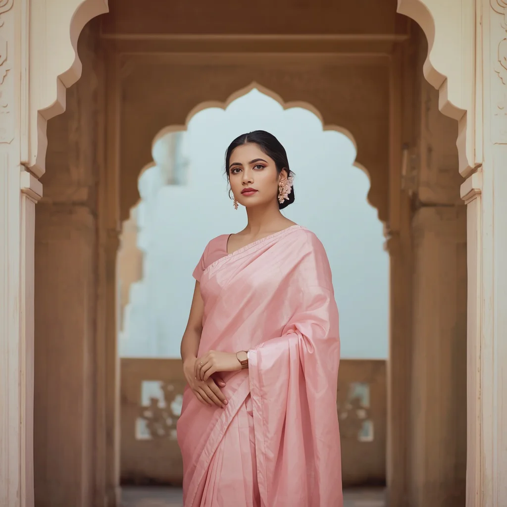 Pensive Stance by a Traditional Archway in Pastel Pink | saree photoshoot ai prompt