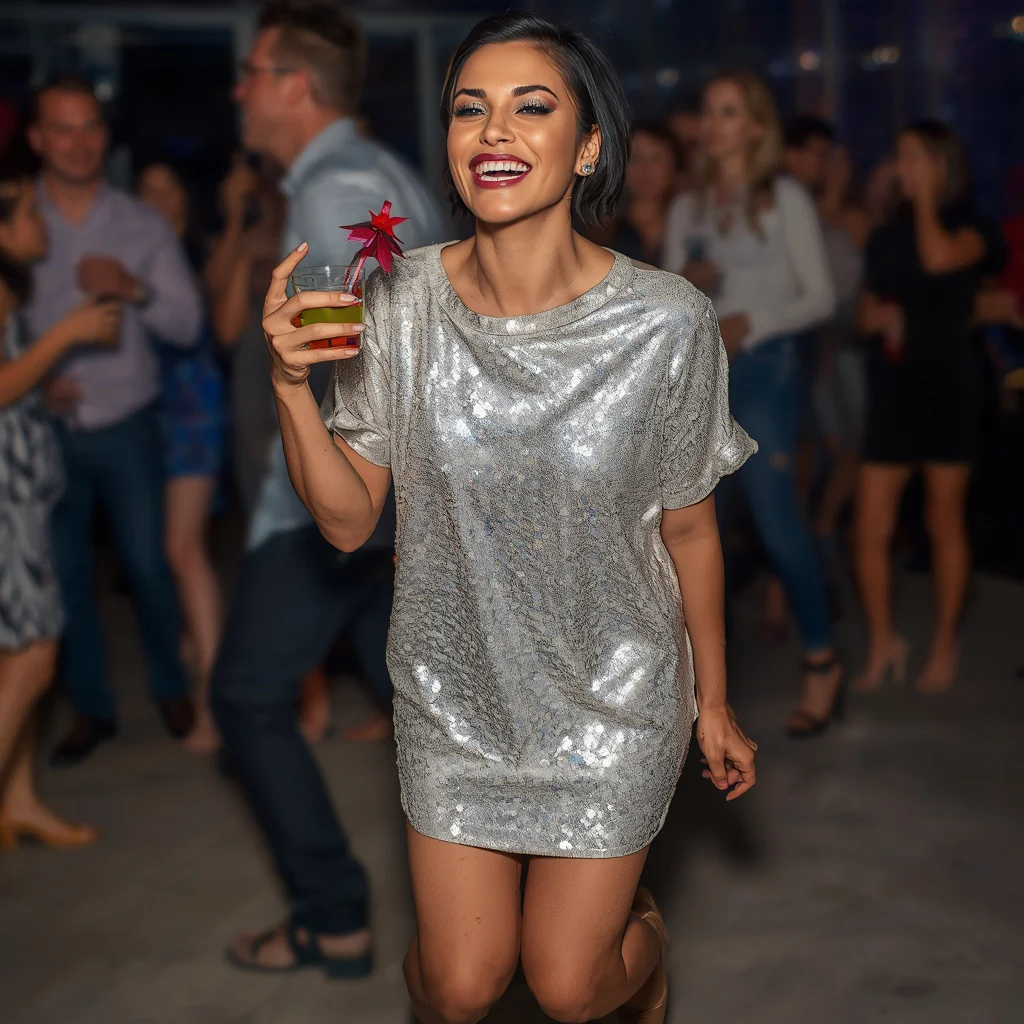 Playful and Chic: A Woman in a Sequin Shift Dress for a Fun Party | Prompt for traditional look on Instagram