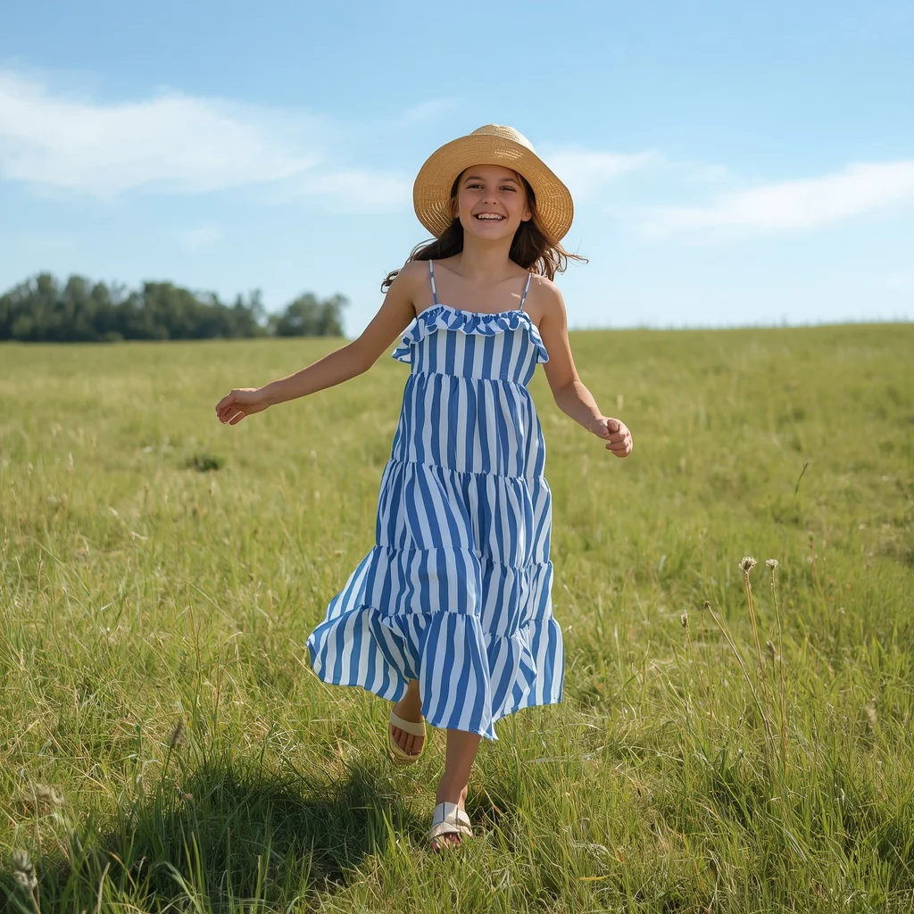 Playful Blue and White Striped Tiered Maxi Dress | selfie ai prompt