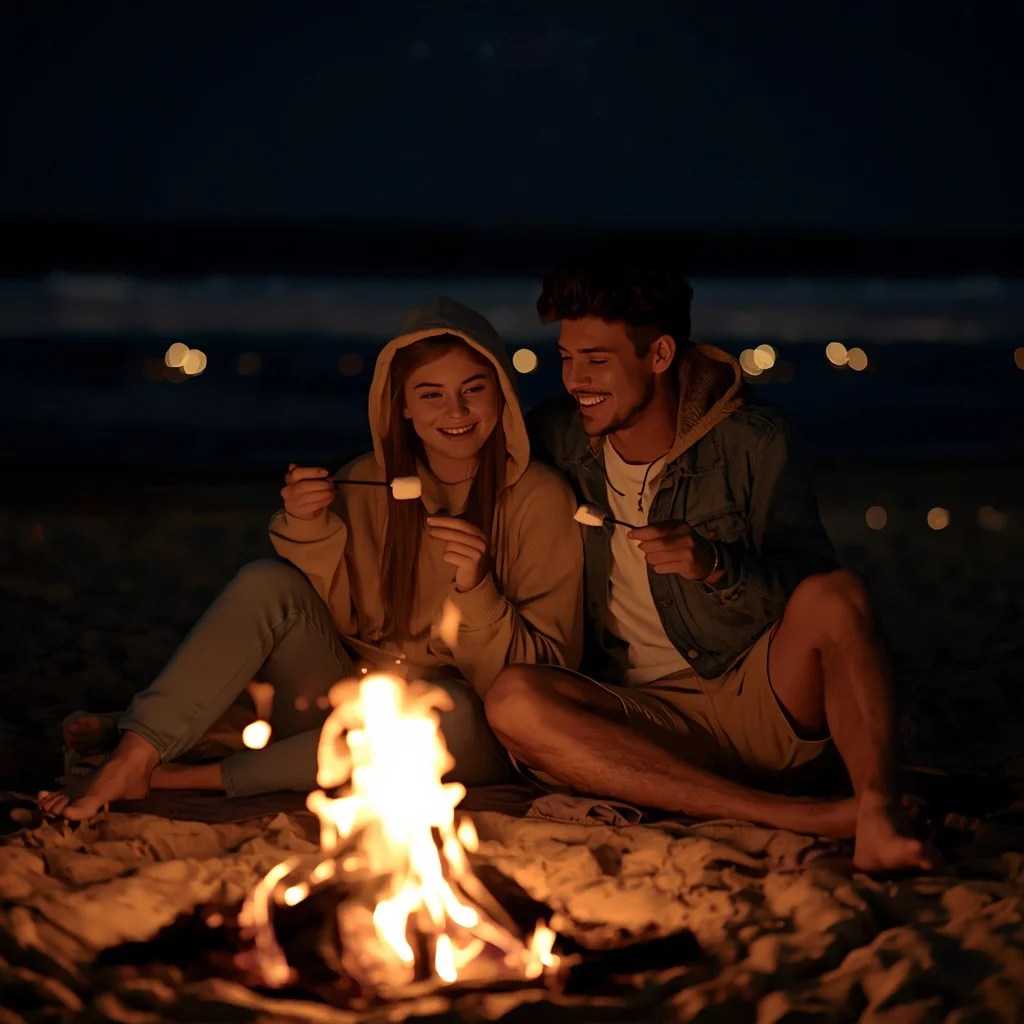 Playful Pair Enjoying a Cozy Evening by a Bonfire on the Beach | Romantic couple prompts
