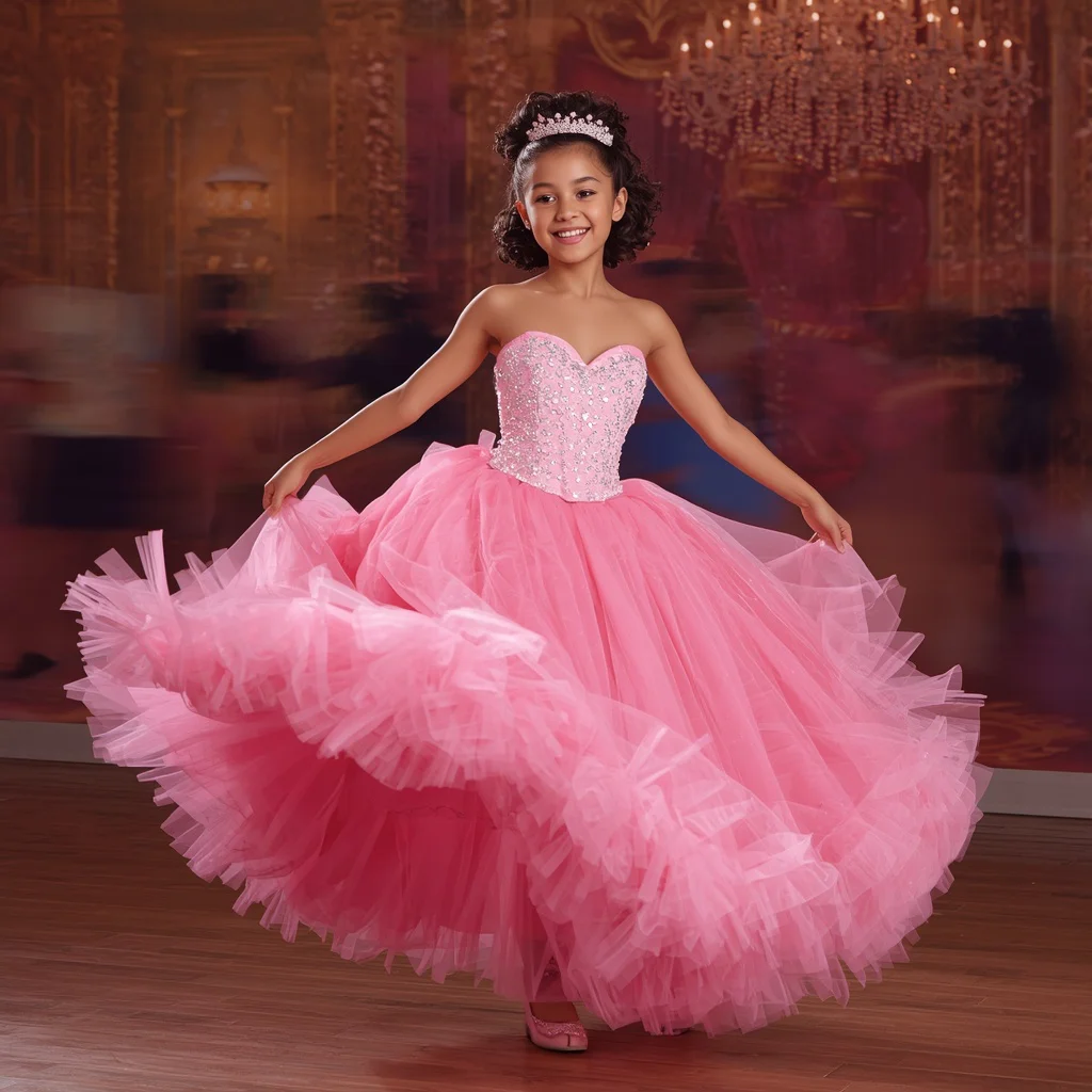 Playful Pink Strapless Gown with Tulle Skirt for a Fairytale Ball | google prompt