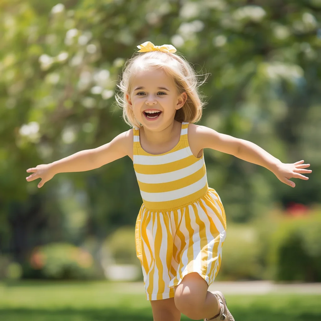 Playful Sunshine: Young Girl in a Striped Sundress | indian ai prompt