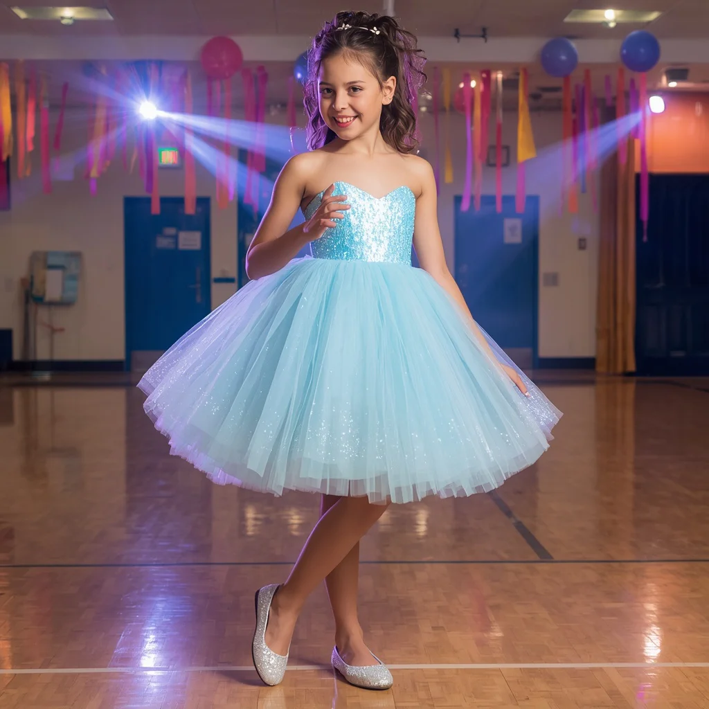 Playful Tulle Prom Dress with Glitter for a Teen Dance | prompt for traditional look for girl
