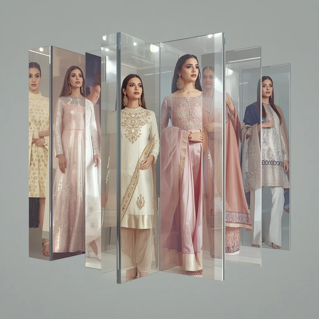 Premium Floating Glass Collage of Indian Festive Ensembles | Traditional saree prompt in english pdf