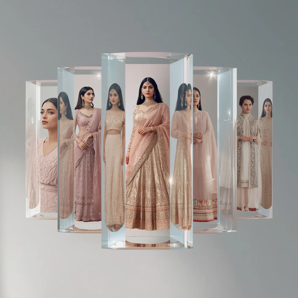 Premium Floating Glass Collage of Special Indian Couture | prompt for girls college ai photo editing