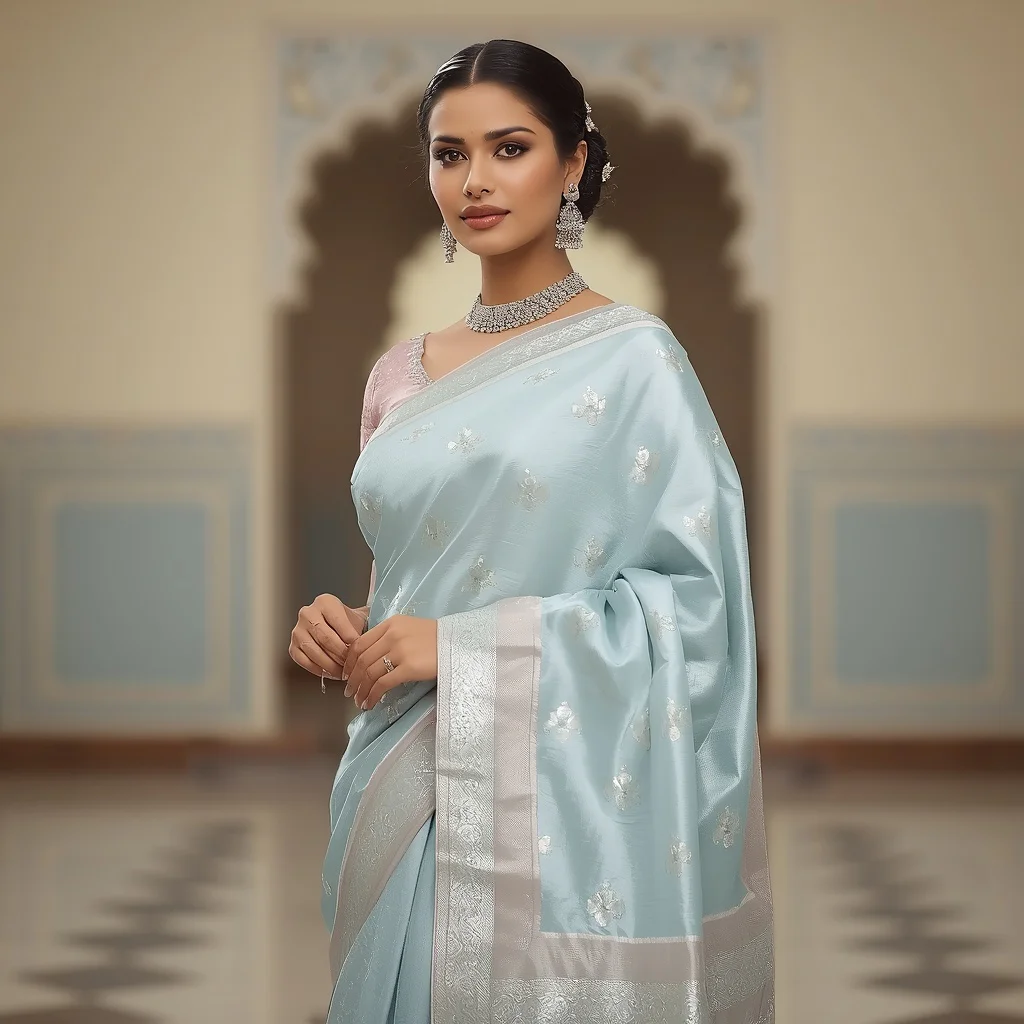Regal Pose in a Sky Blue Banarasi Silk Saree | saree prompt for chatgpt in english