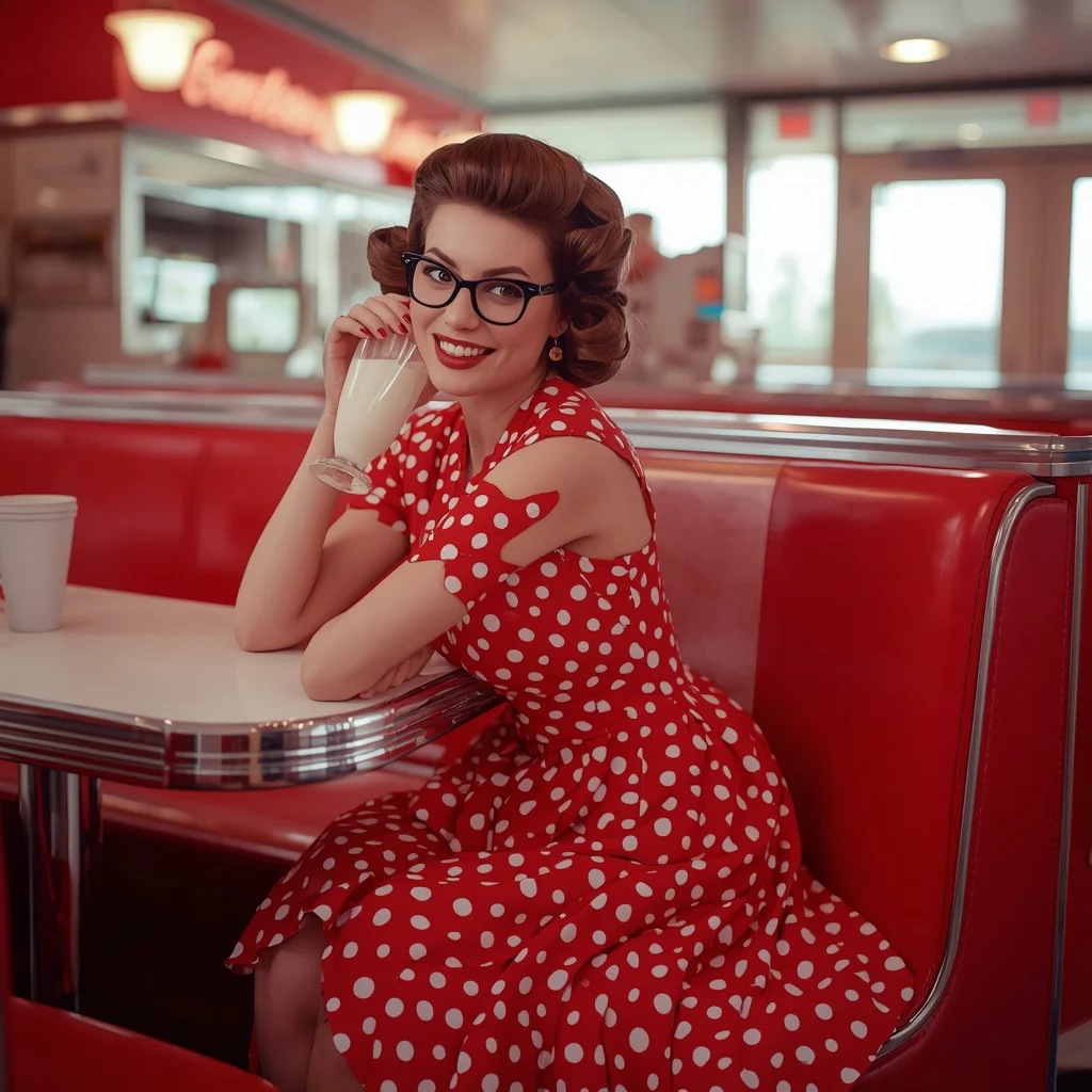 Retro Glamour: A-Line Dress with Polka Dots at a Diner | ai photo editing prompt