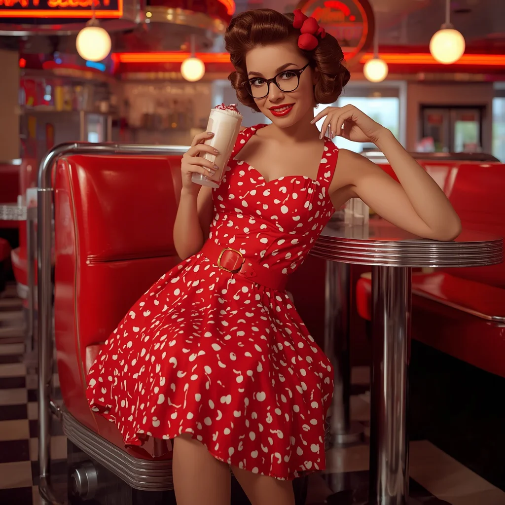Retro Pin-Up Style: Red Cherry Print Swing Dress for a Diner Party | ai new prompt generator